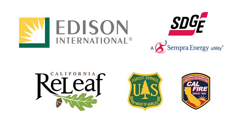 Logos representing Edison, SDGE, California ReLeaf, US Forest Service, and CAL FIRE